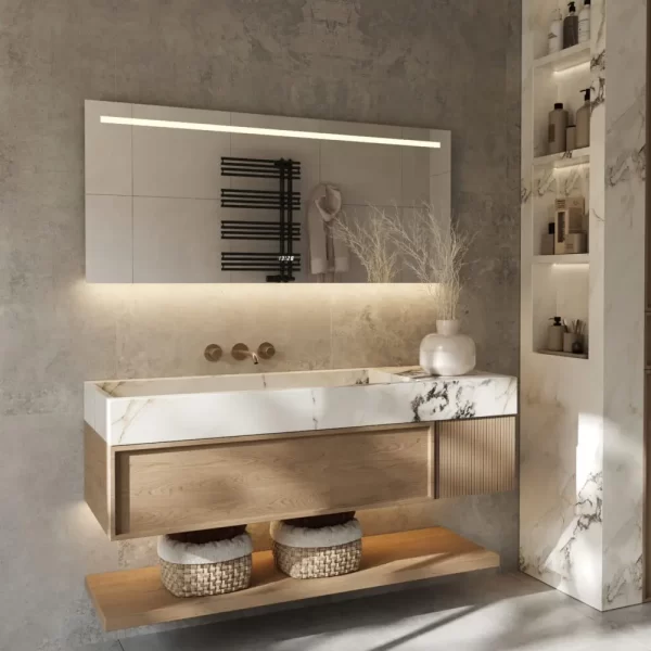 Moderne badeværelse spejl med led-lys ur og antidug 140x70 cm