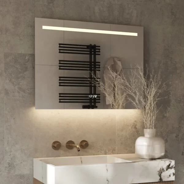 Badeværelse moderne badeværelse spejl med led-lys ur og antidug 80x70 cm