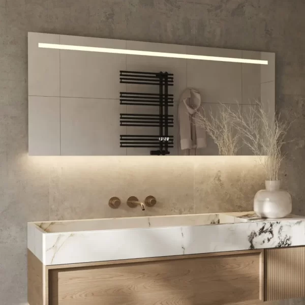 Moderne badeværelse spejl med led-lys ur og antidug 140x70 cm