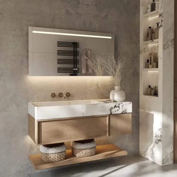 Smuk moderne badeværelse spejl med led-lys ur og antidug 120x70 cm