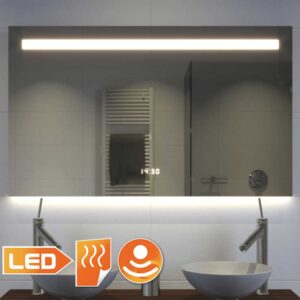 Moderne badeværelse spejl med LED-lys ur og spejlvarme 100x70 cm cm er et meget komplet spejl.