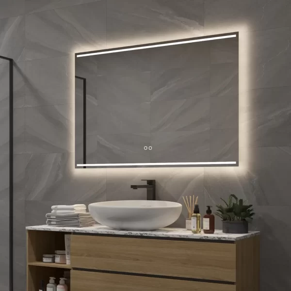 Elegant badeværelsesspejl med vandret led lys top og bund og antidug 100x70 cm