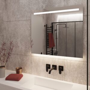 Moderne badeværelse spejl med LED-lys ur og spejlvarme 80x70 cm