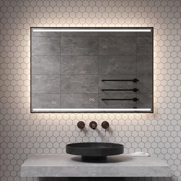 Elegant spejl med sort ramme foran og baggrundsbelysning lysstyring og dugfri 100x70 cm