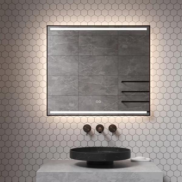 Elegant spejl med sort ramme foran og baggrundsbelysning lysstyring og dugfri 80x70 cm 1