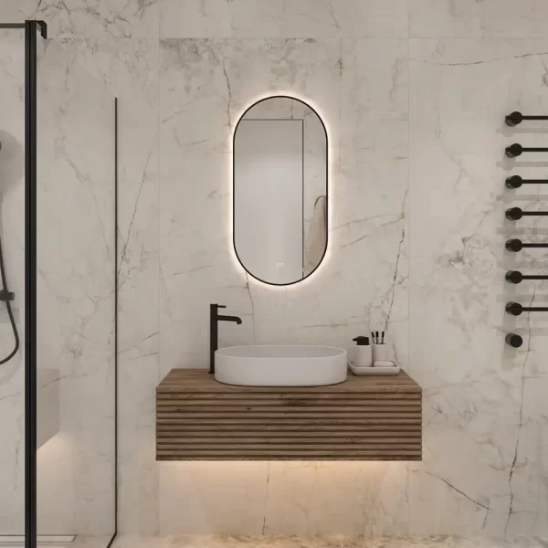 Moderne smalt spejl til badevaerelset med sort kant 45cm 1
