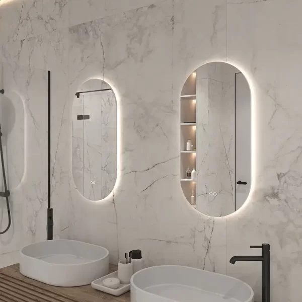Praktisk ovalt spejl med lysstyring og antidug double side 40 80 cm