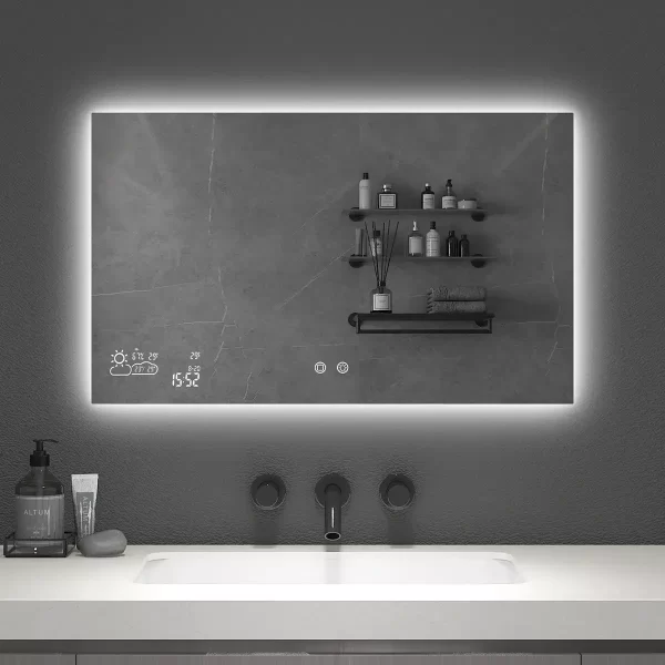 Smart mirror med belysning vejrstation og spejlvarme 100×60
