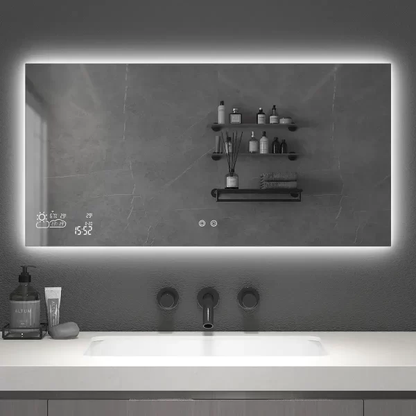 Smart mirror med led lys vejrstation og spejlvarme 120×60 cm