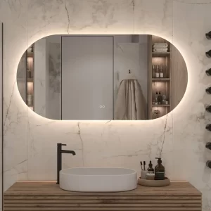 Praktisk ovalt spejl med baggrundsbelysning lysstyring og antidug 140x70 cm