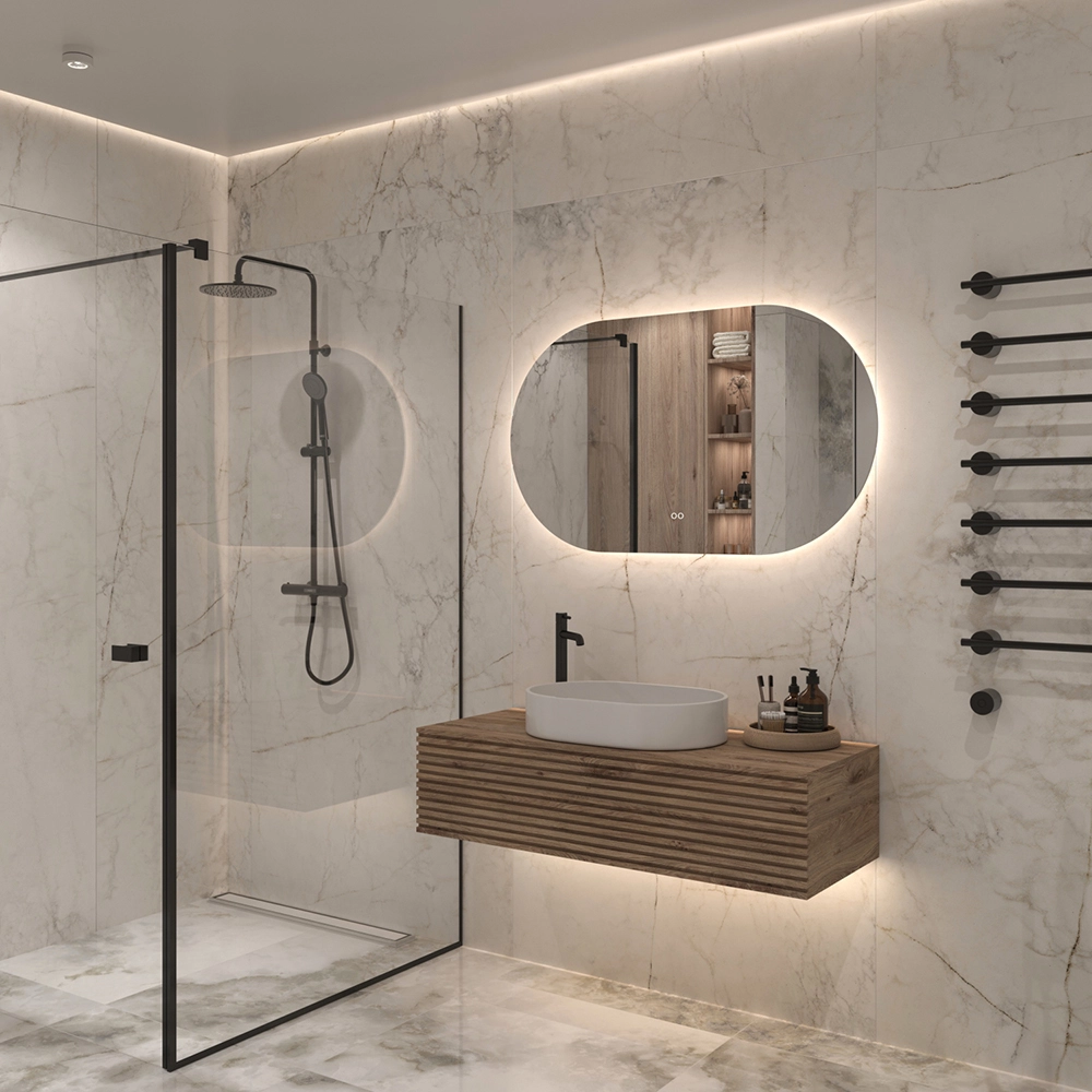Moderne ovalt spejl til badevaerelset i 120cm format