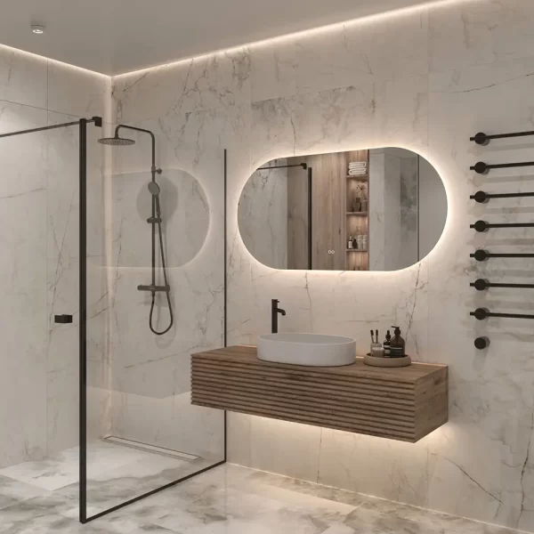 Moderne ovalt spejl til badevaerelset i 140cm format