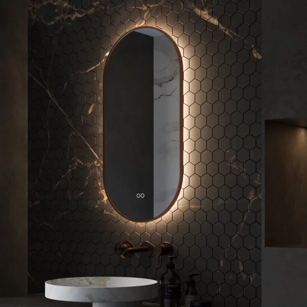 Badevaerelse deluxe ovalt spejl med kobber ramme led lys og antidug 40x90 cm