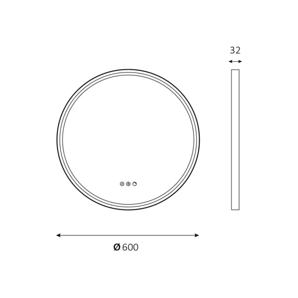 Teknisk design luna rundt spejl med sort ramme lysstyring og antidug 60mm