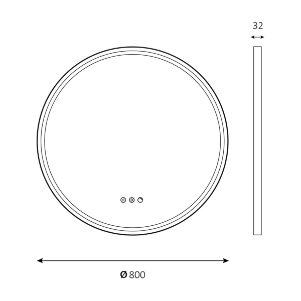 Teknisk design luna rundt spejl med sort ramme lysstyring og antidug 80mm