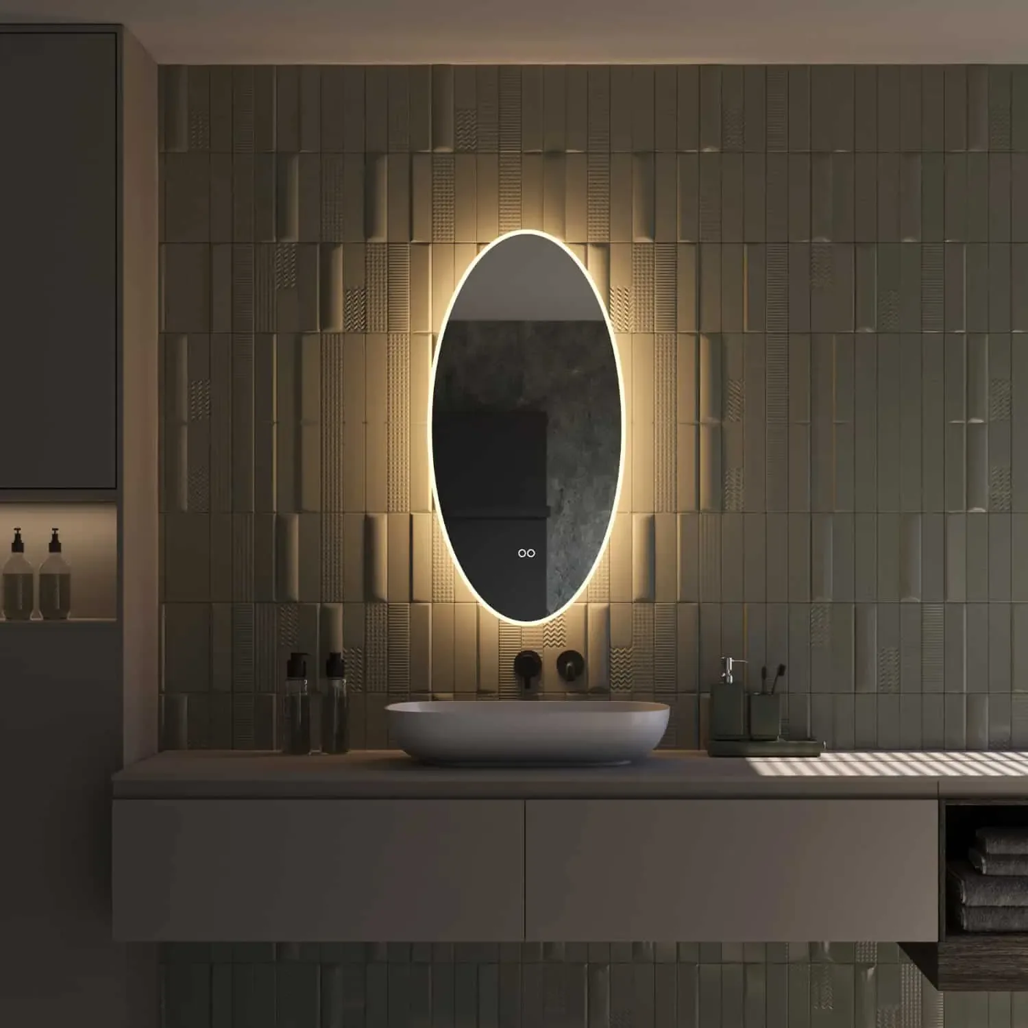 Ovalt spejl med LED belysning dugfri og lysstyring 45x90