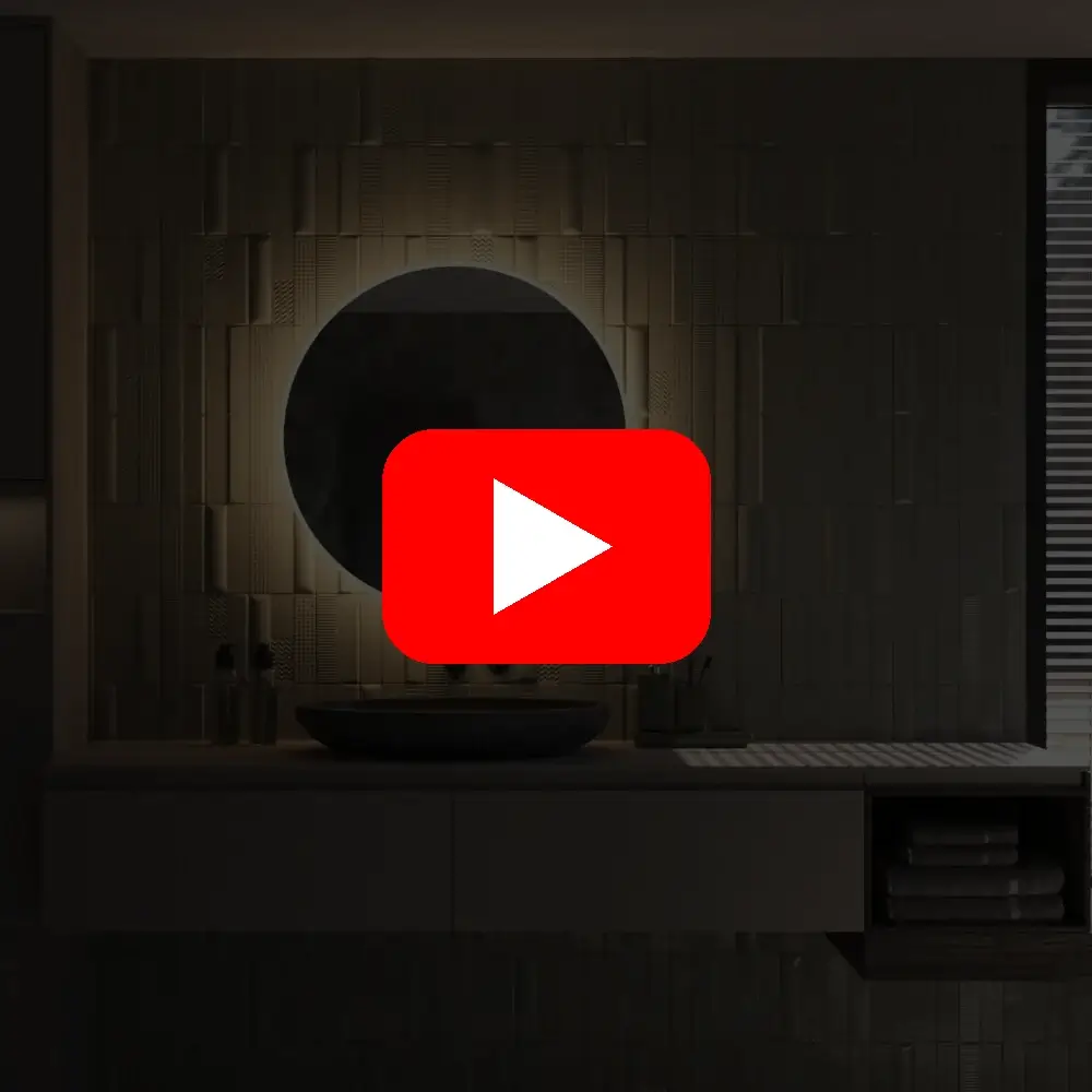 Video af spejl i rund form i Ø80 cm med antidug, LED-lys og justerbar farvetemperatur