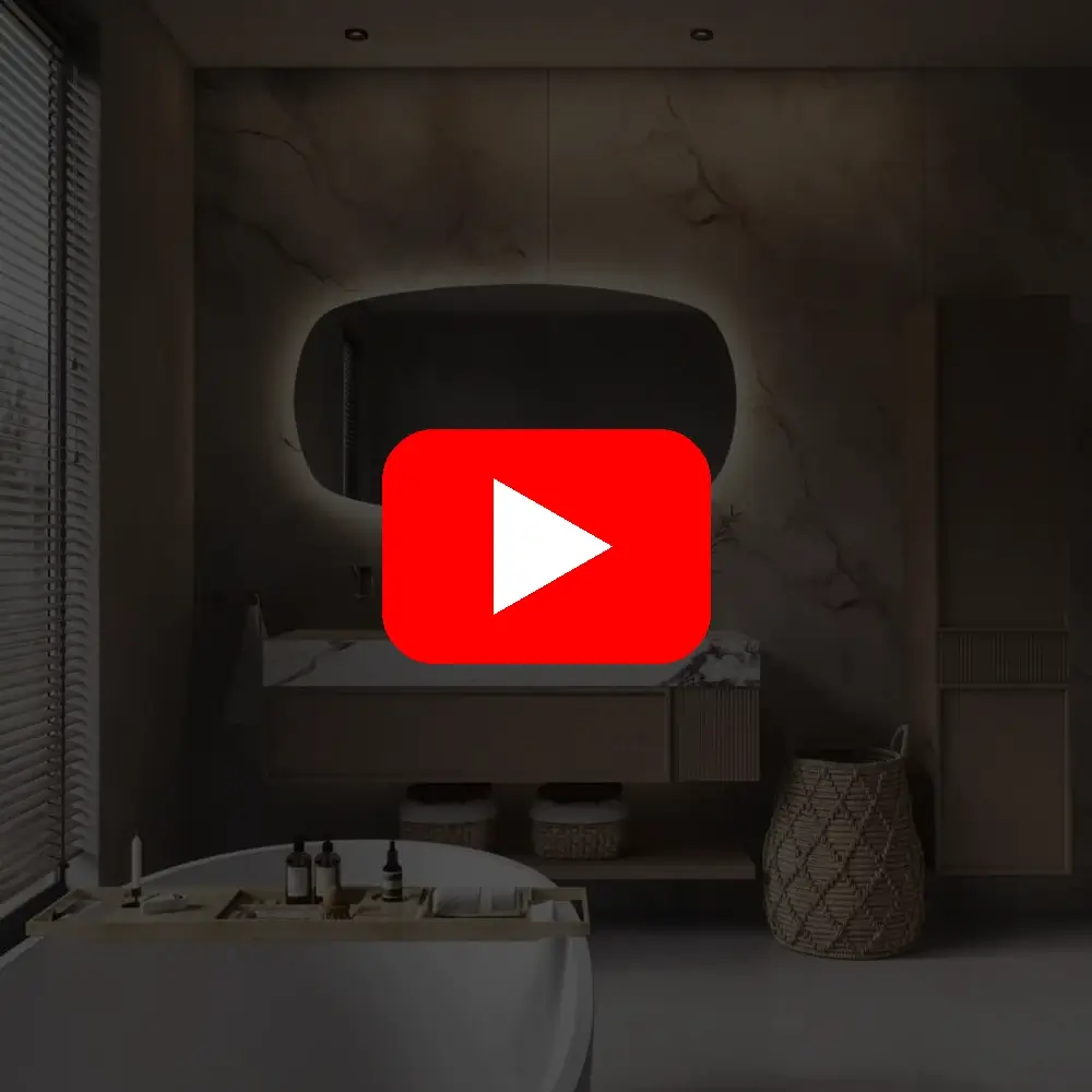Produktvideo: ovalt spejl med lysstyring + antidug 140x74 cm Video af spejl i oval form i 140×74 cm med antidug og dæmpbar lysstyring