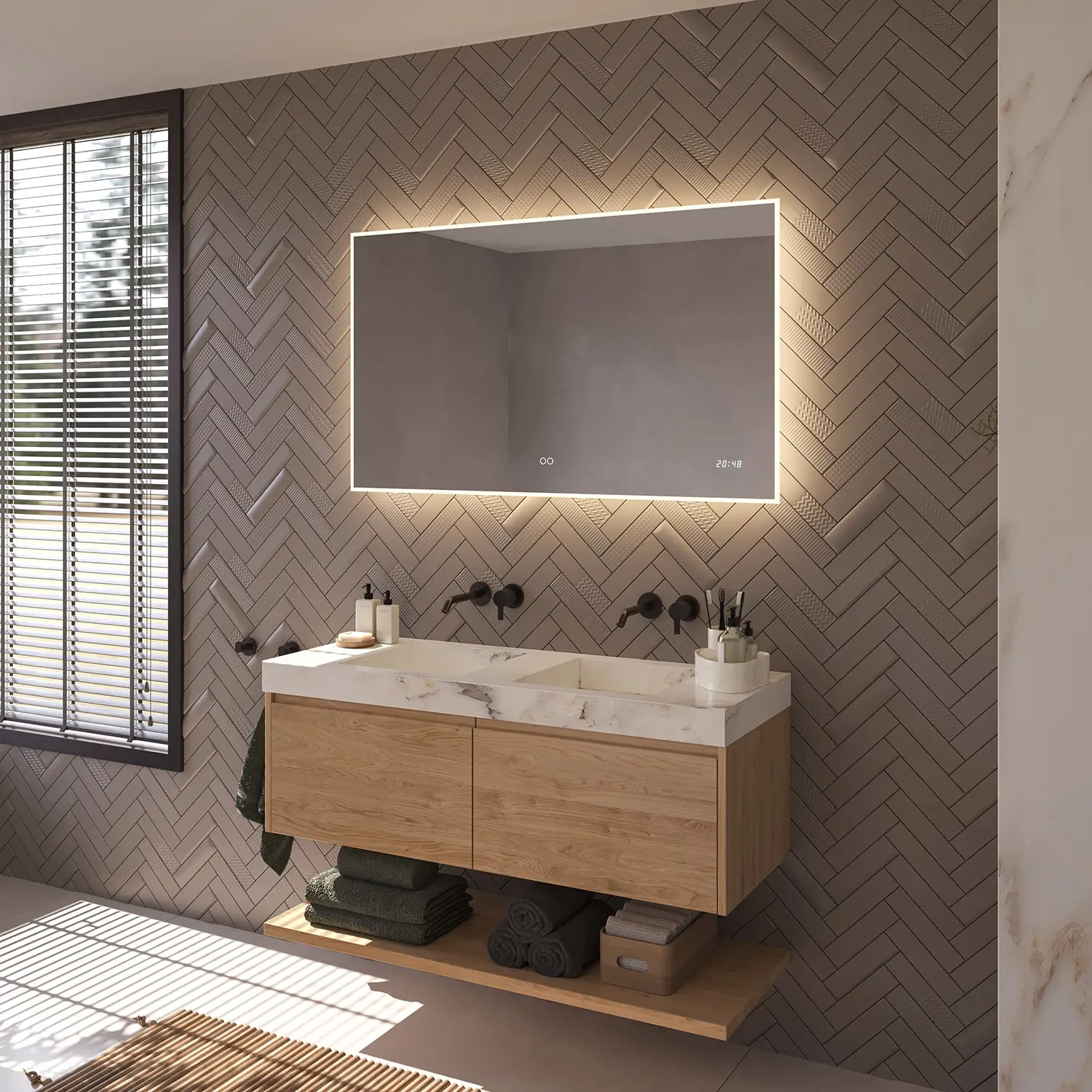LED-spejl med baggrundsbelysning set fra siden LED-spejl med baggrundsbelysning set fra siden i badeværelse, 120 × 70 cm